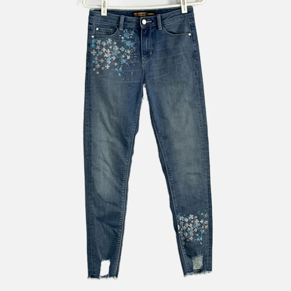 Clockhouse Super Skinny Jeans Distressed Faded Frayed Small Blue Painted Floral - Picture 1 of 14